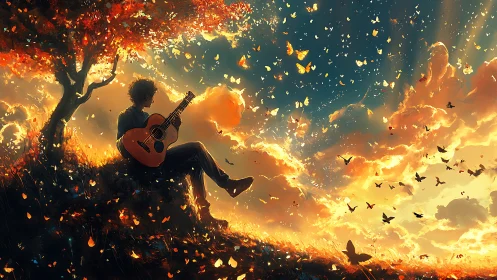 Guitarist under autumn tree amid luminous butterfly sunset