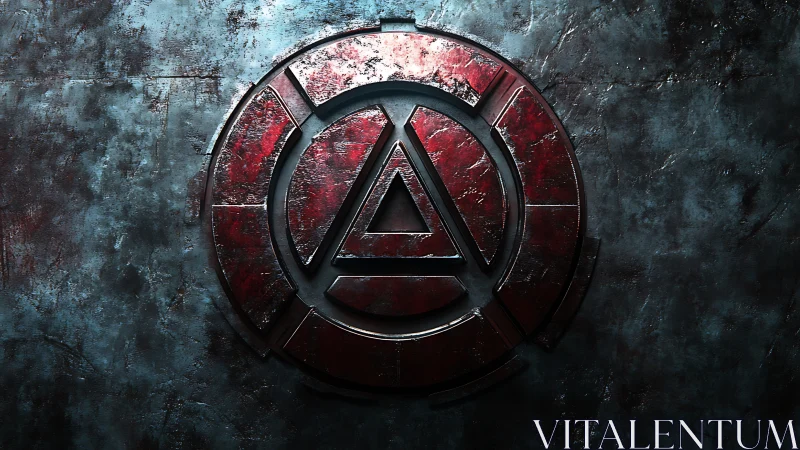 Metallic geometric emblem with concentric circular triangle form.