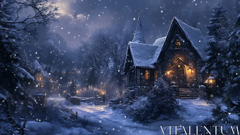 Snowy cottage at night with warm glowing windows and path.
