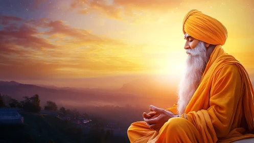 Sunrise sage in saffron robes guarding a sky of quiet fire.