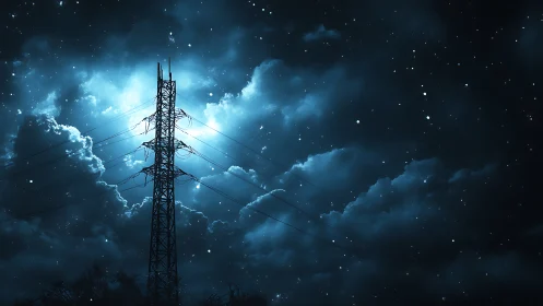 Lattice transmission tower silhouetted in stellar nocturne.