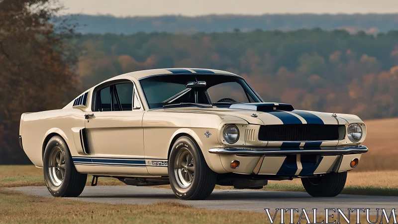Classic Shelby Mustang on rural road under autumn light.