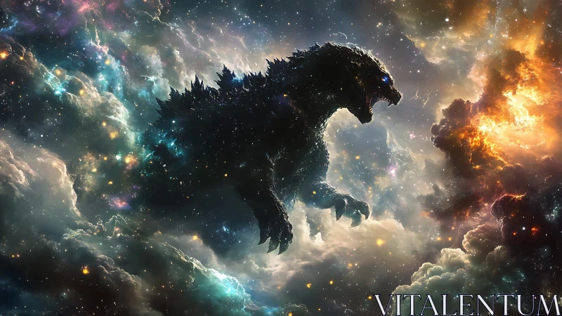 Silhouetted kaiju form positioned within dense cosmic clouds.