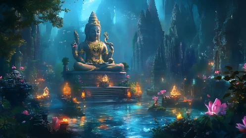 Digital painting of luminous Shiva temple in misted jungle basin.