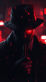 Shadowed gunman stands in neon rain, glowing eye burning red