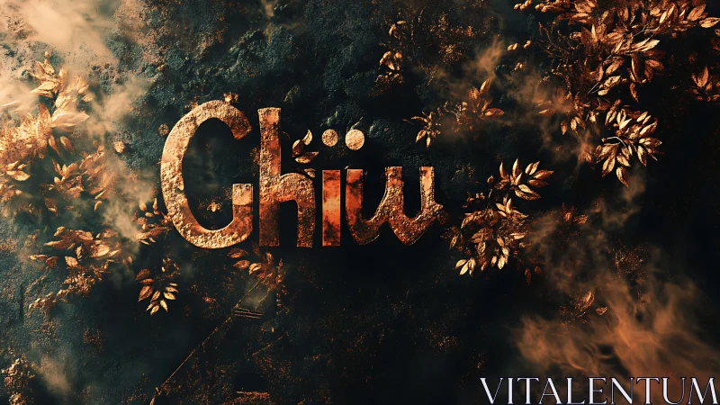 Rust-textured word on dark ground with scattered foliage.