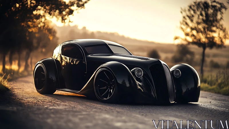 Streamlined black concept car is parked on rural road