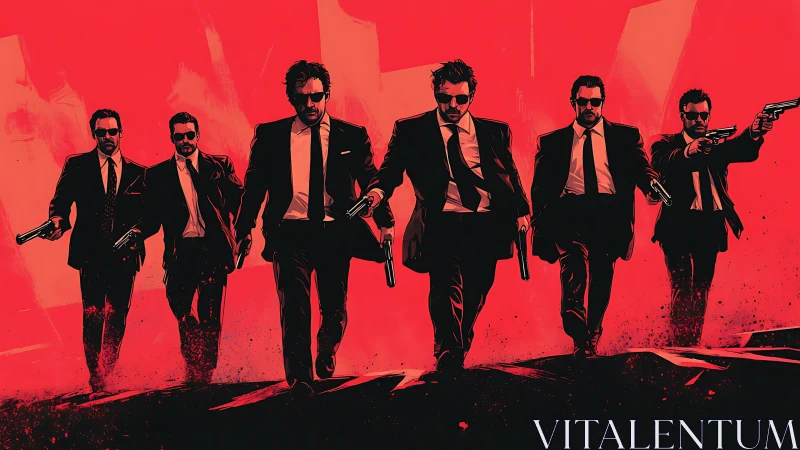 Suit-clad gunmen stride through crimson graphic battlefield.