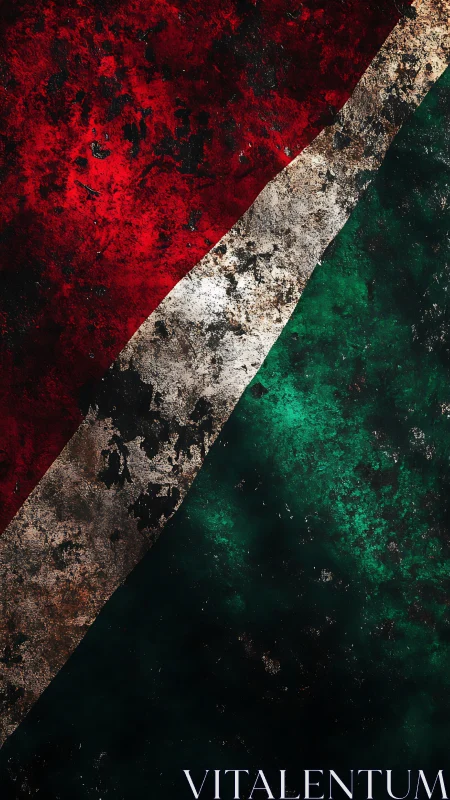 Diagonal tricolor abstraction shows corroded painted metal