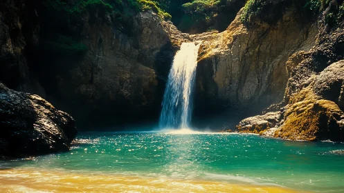 Sunlit cove waterfall pouring into vivid turquoise lagoon.