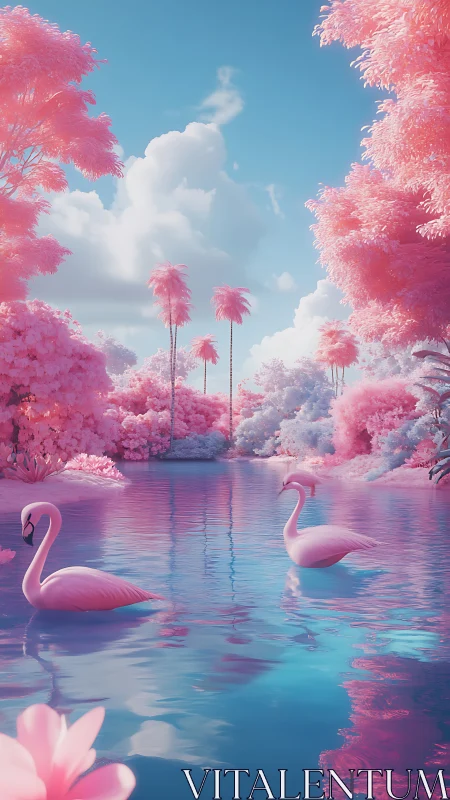Infrared chromatic lagoon with mirrored flamingo biogeometry.