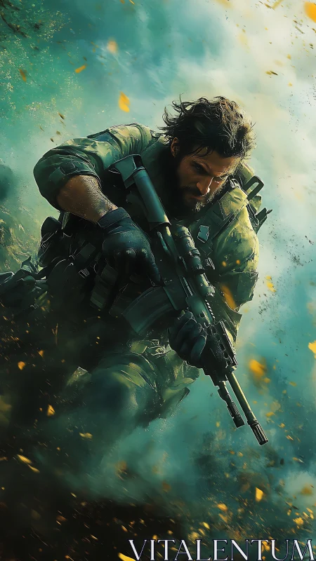 Focused soldier pushing forward through swirling chaos.