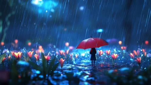 Figure with red umbrella stands in glowing flower rain scene