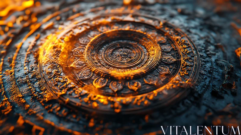 Luminous circular glyph with molten orange accents in relief.