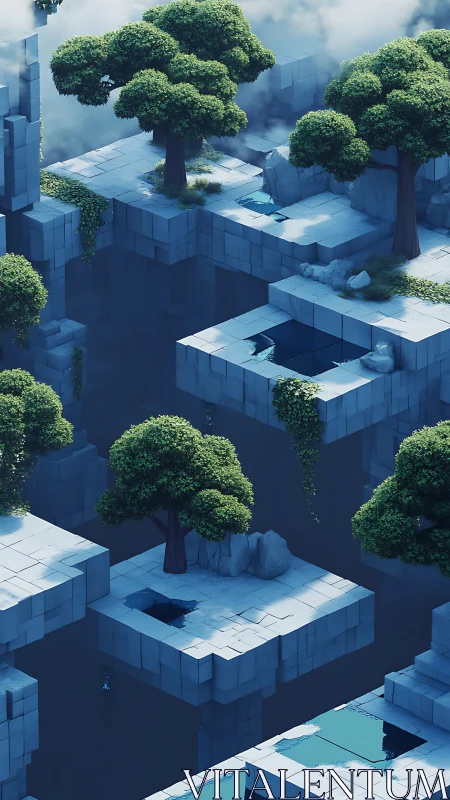 Floating stone platforms with lush green trees in misty void.