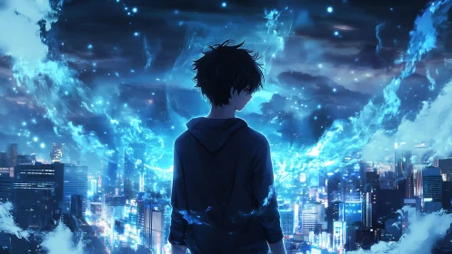 Electric skyline draped around solitary anime figure at dusk.