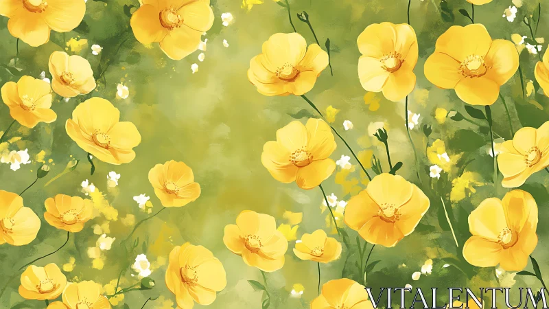 Rendered yellow buttercup field with green foliage and bokeh lighting effects