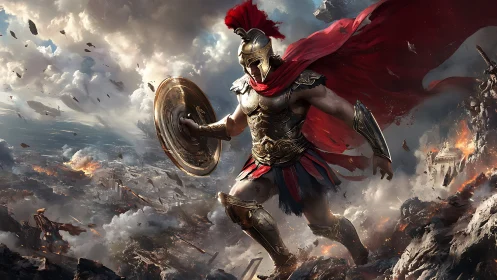 Storm-wreathed bronze warrior strides across crumbling empire.