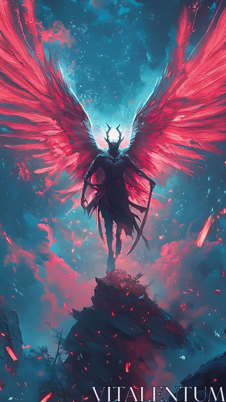 Demonic winged reaper over glowing shattered cliffs.