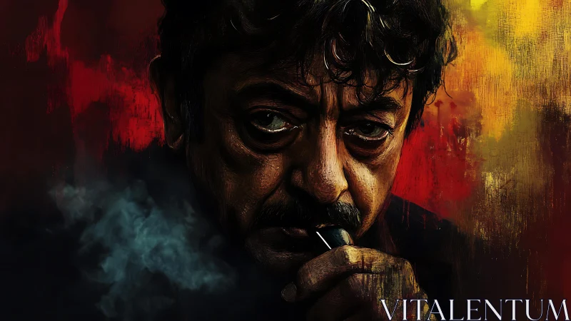 Intense male portrait with pipe against fiery background.