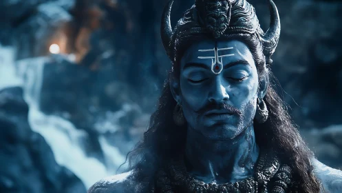 Blue-skinned ascetic god in icy waterfall meditation trance.
