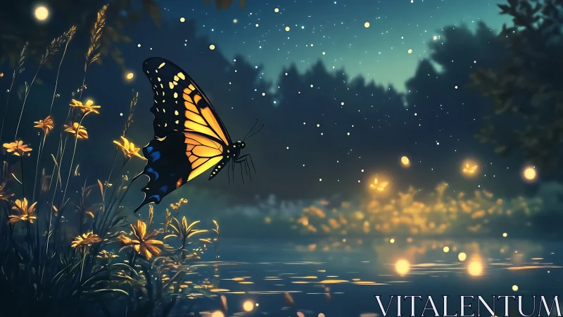 Firefly Waltz Around a Midnight Monarch by the Waterline.