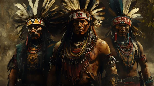 Three Indigenous warriors in feathered headdresses stand firm.