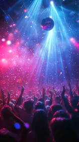 Crowded nightclub dancefloor under neon beams and confetti.