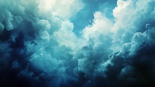 Billowing teal storm clouds merge into luminous sky.