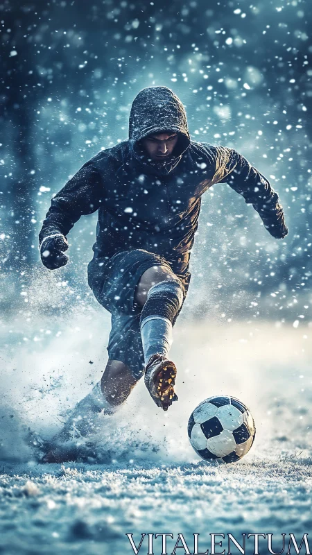 Soccer player kicking ball on snowy pitch during snowfall.