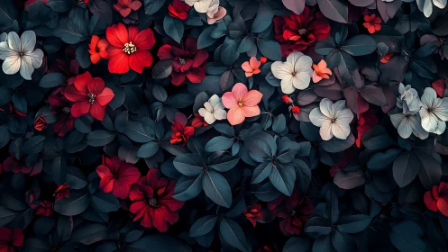 Red and white flowers layered densely over dark blue-green foliage.