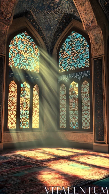 Golden light streams through ornate stained glass windows