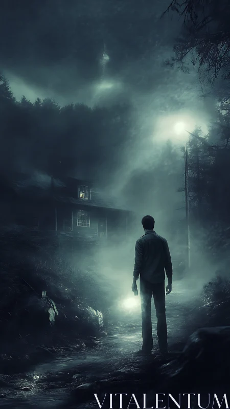 Midnight wanderer on a misty forest path toward secrets.