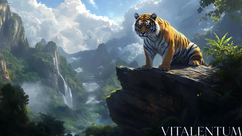 Tiger on cliff ledge above misty rainforest valley scene.