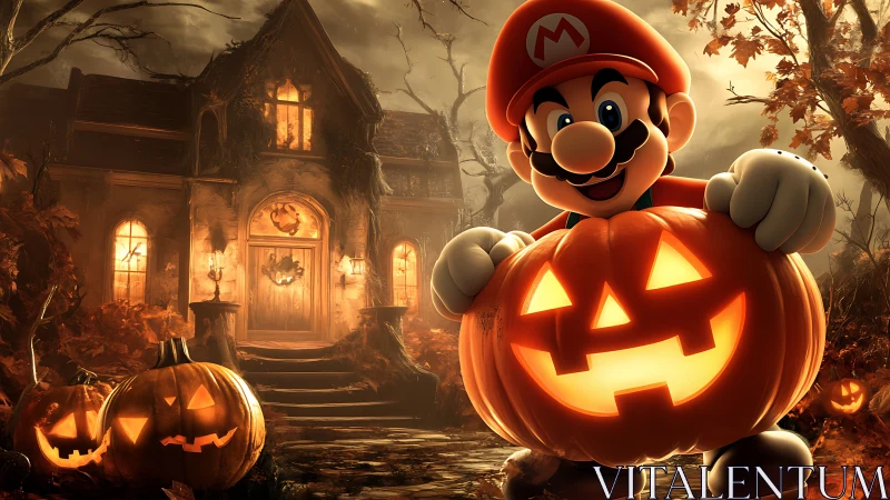 Mario holds a glowing jack o lantern before a haunted house
