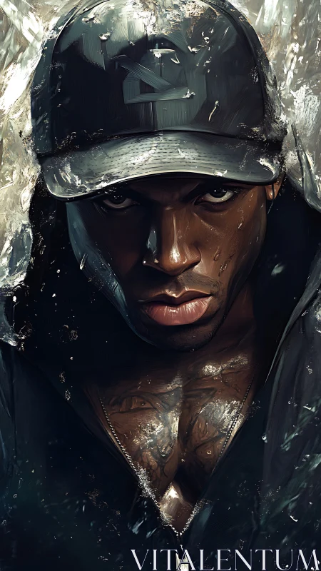 Digital portrait of hooded man in cap under shattered rain.