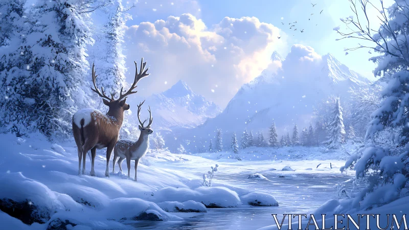 Snowy deer stand quietly amid glowing alpine sunrise