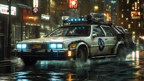 Retro time-patrol taxi hums through neon-soaked midnight rain