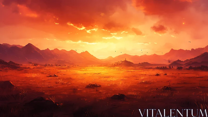 Sunlit desert valley glowing under a dreamy orange sky.