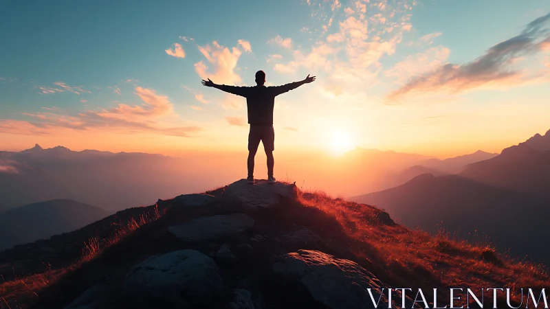 Silhouetted hiker on alpine summit at sunrise with warm backlight