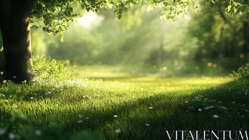 Sunlit meadow leans into morning, stitching shadows softly