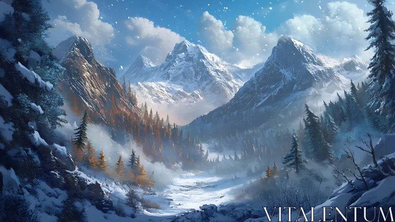 Snow-covered alpine valley with conifer forest and peaks.