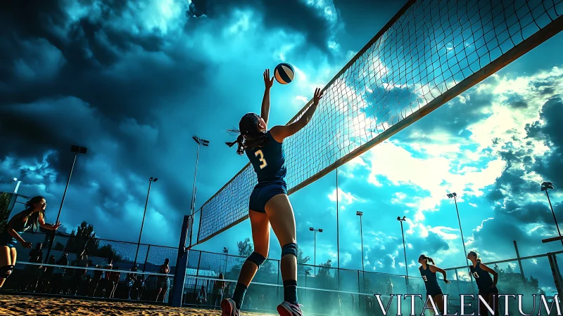 Sky-lit volleyball serve captures a bold game moment