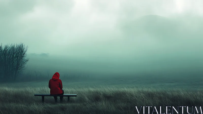 Solitary figure in red coat on foggy moorland bench.