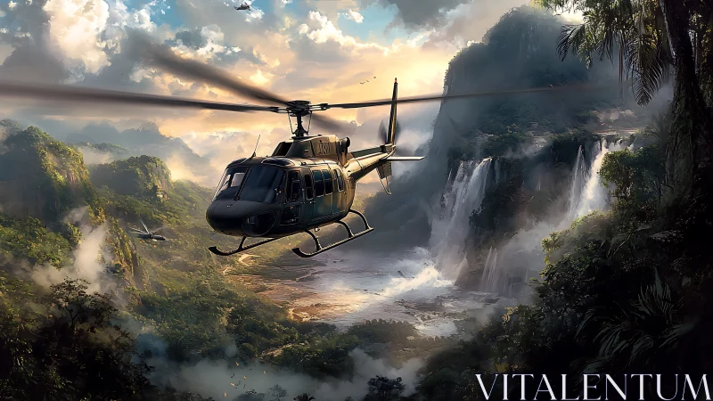 Rescue helicopter cuts through mist above cinematic jungle falls