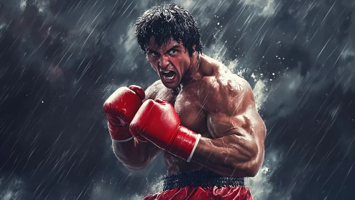 Boxer in Rain. Fierce determination, red gloves raised.