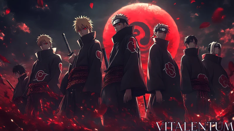 Akatsuki-style shinobi lineup under crimson moonlit sky