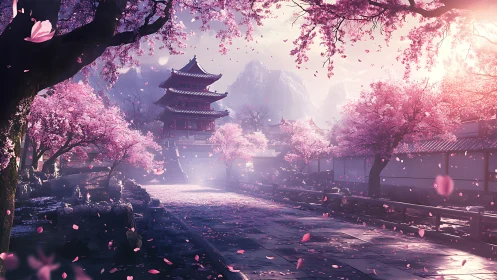 Gentle cherry blossoms lead toward a tranquil temple at dawn