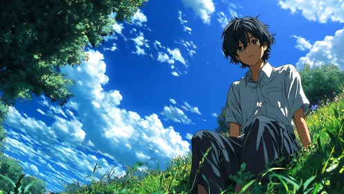 Boy rests in sunlit meadow under vivid summer sky.