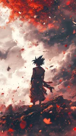 Lone warrior on cliff under stormy sky and red leaves.